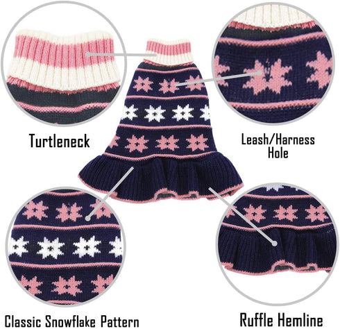 KYEESE Dog Sweater for Girl Dogs - Warm Pet Coats with Snowflake Pattern Knit Turtleneck Pullover, Navyblue, X-Large