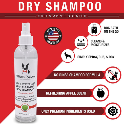 Warren London Waterless Dog Shampoo 8 oz, Green Apple No-Rinse Dry Shampoo Spray, Instant Deodorizer for Smelly Pets