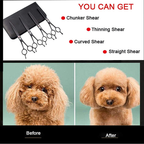 7.0 Inches Professional Pet Cat Dog Grooming Shears Scissors Kit - Straight, Curved, Thinning/Blending/Chunking