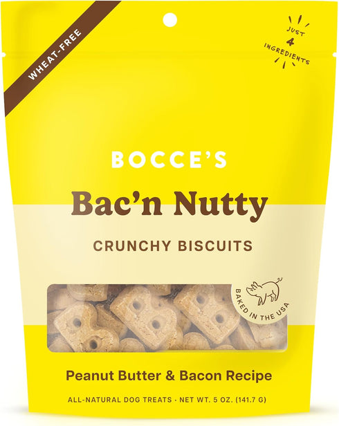Bocce's Bakery Oven Baked Dog Treats, Bac'N Nutty, Wheat-Free, All-Natural PB & Bacon Biscuits, 5 oz
