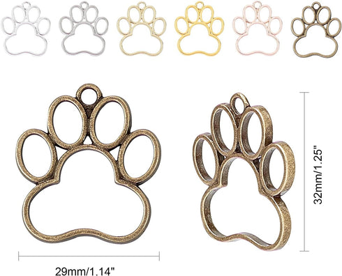 OLYCRAFT 24PCS Dog Paw Open Bezel Charms, 29x32mm Alloy Frame Pendants for Resin Jewelry Making – 6 Colors