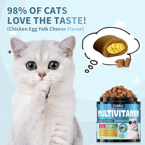 500 Immune, (90-Day Taurine for Cats Vitamins Treats Snacks Cat Multivitamin Crunchy & Creamy Chews Supports Joints