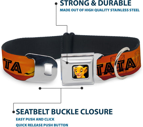 Dog Collar Seatbelt Buckle, Lion King Hakuna Matata, Sunset Oranges, Black, 9 to 15 Inches, 1.0 Inch Wide (DC-WDY030-S)