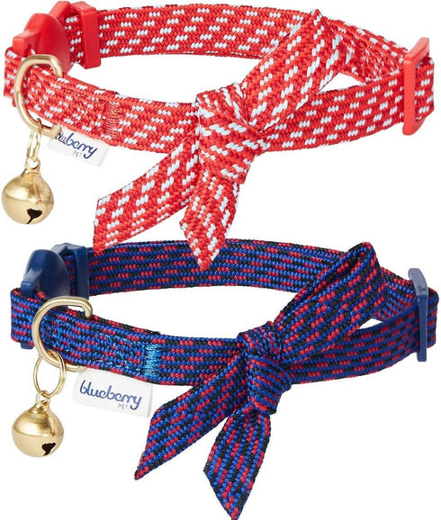 Blueberry Pet 2-Pack Breakaway Cat Collar with Bell & Bowtie, Adjustable Polyester Kitten Collars for Boys & Girls,