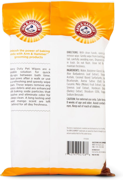 Arm & Hammer Heavy Duty Bath Wipes for Dogs, Travel Size, Mango Scent, 30 Count - 6 Pack