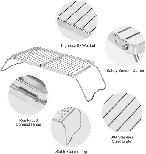 REDCAMP 304 Stainless Steel Folding Campfire Grill, Adjustable Height Portable Camping Grill with Carrying Bag