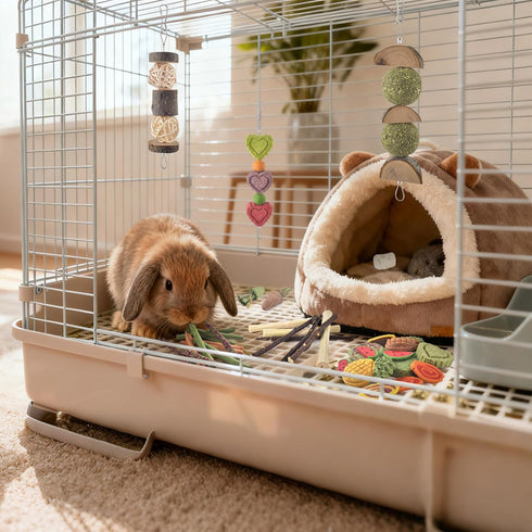 3 Chinchilla, KATUMO Rabbit Chew Toys with Types of Strung Hanging Toys, Natural Bunny Teeth Care Chew Kit Apple Wood