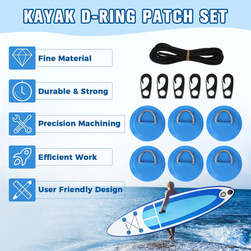 Yetaha 6 Pack Stainless Steel D Rings, 8.2ft Bungee Cord with Hooks Deck Rigging Kit for Inflatable Boat Kayak