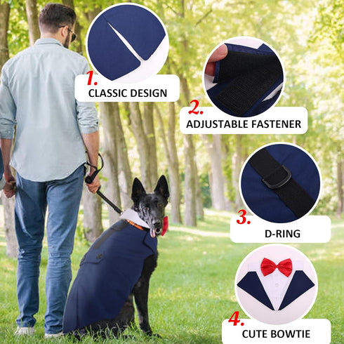 DORA BRIDAL Dog Tuxedo for Large Dogs, Formal Wedding Outfit with Bowtie and Bandana Set, XL, Blue