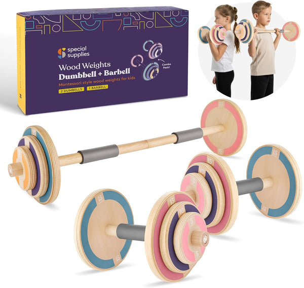 Special Supplies Kids Wooden Workout Play Weights Set - Adjustable Dumbbells and