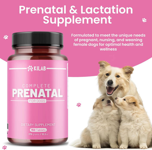 150 Kilab Complete Prenatal Vitamins for Dogs Tablets with Iron, Choline, Zinc, DHA & Probiotics - Supports Healthy