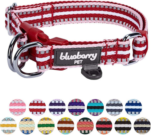 Blueberry Pet 3M Reflective Dog Collars, Adjustable Multi-Colored Stripe, Marsala Red and Pink, Nylon Pet Collars