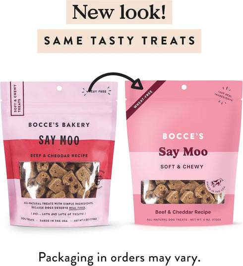 Bocce's Bakery Oven Baked Say Moo Treats for Dogs - Wheat-Free Everyday Dog Treats, Beef & Cheddar Recipe, 6 oz