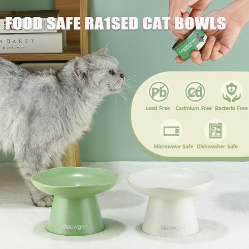 Elevated Cat Bowls - Wide Shallow 6.1" Ceramic Raised Food Bowls, Anti Vomiting, Perfect for Flat Faced Cats