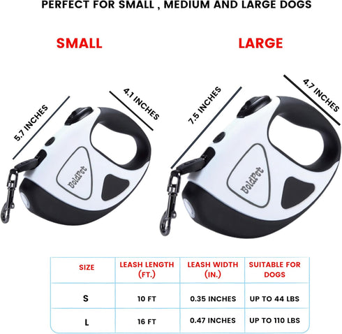 Retractable Dog Leash with Built-in LED Light, Tangle Free, 10 Ft Long for Small to Medium Dogs up to 44 Lbs