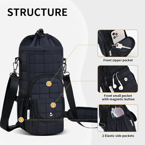 40oz Water Bottle Carrier Bag Insulated with Phone Pocket Quilt Water Bottle Holder Pouch, Daily Use Sling Bag