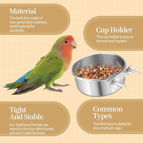 Bird Cage Feeder, 40oz Stainless Steel Food Water Bowl with Clamp for Small Animals
