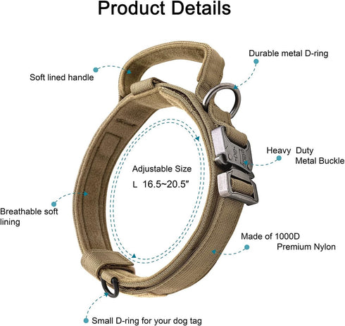 Tactical Dog Collar - Adjustable Military Nylon Collar with Handle and Heavy Duty Metal Buckle for Dogs