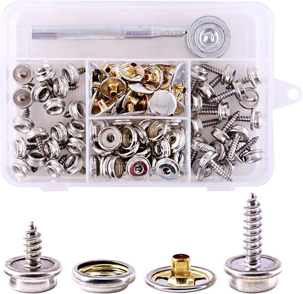 Swpeet 120Pcs Silver Fastener Screw Snaps with 1Pcs Snap Setting Tool Kit for Furniture Canvas Fabric Boats