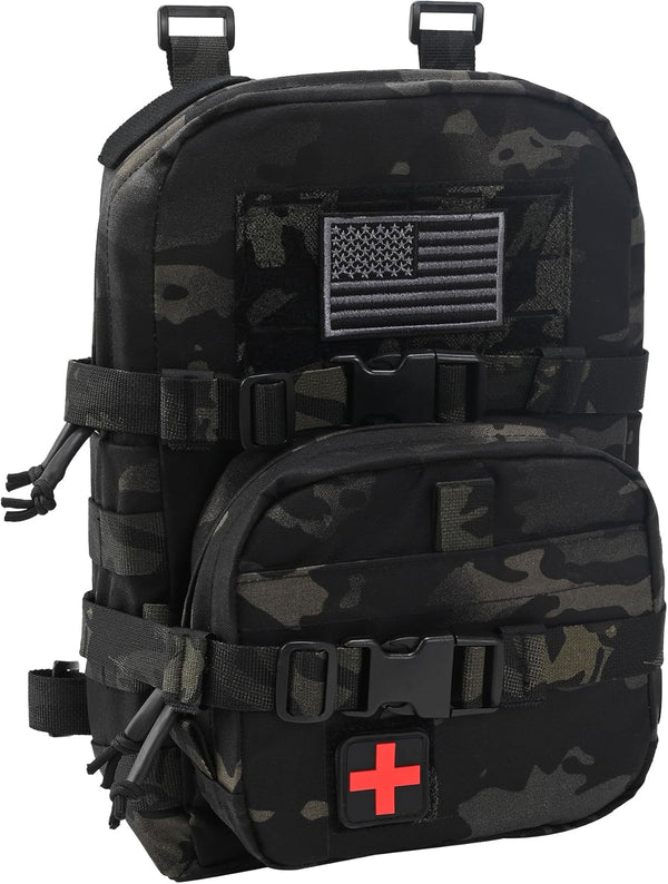 Tactical Mini Molle Hydration Pack, Outdoor Carrier with IFAK Pouch, US Flag, Med Patch, Hydropack for 2L Bladder