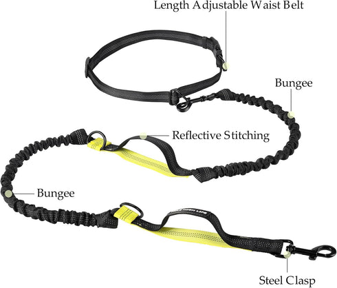 Mile High Life Retractable Hands Free Dog Leash, 7FT, Waist Running Adjustable, Reflective Dual Black Bungees, for