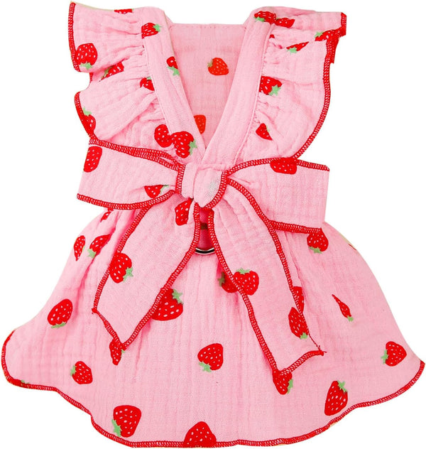 Dog Dresses for Small Dogs, Cute Cotton Summer Clothes with Bow Decor, Strawberry Birthday Outfit