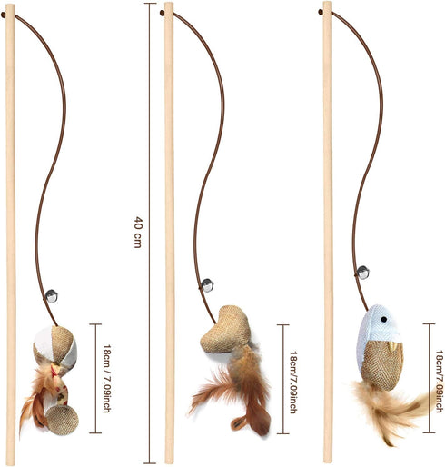 3-Piece Natural Wooden Cat Teaser Wand Toy Kit, 5 Silvervine Sticks and Elastic String Cat Pole Toy with Bell and