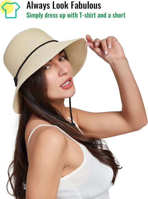 Gisdanchz Women Wide Brim Straw Hat with Chin Strap for UV Sun Protection - Summer Accessory