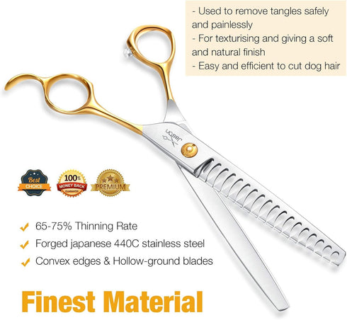 JASON 7.5" 18-Teeth Chunkers Shears for Dogs Cats Grooming, Texturizing Blending Scissor, Sharp Gold Shear