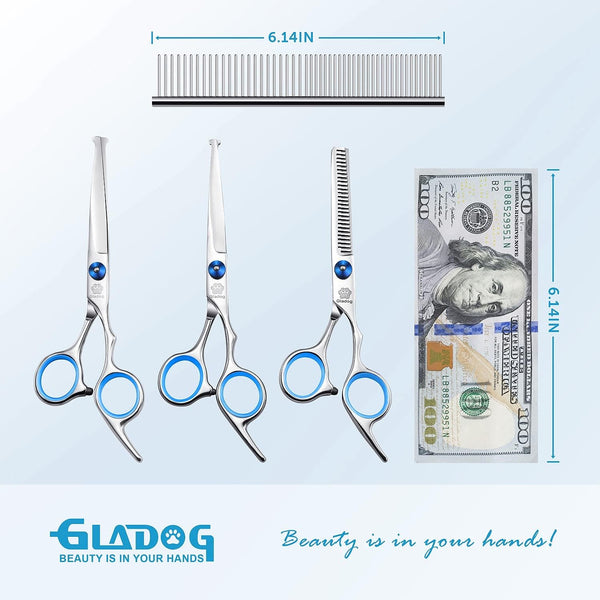 GLADOG 5 in 1 Professional Dog Grooming Scissors Set with Safety Round Tips, Heavy-duty Shears for Cats