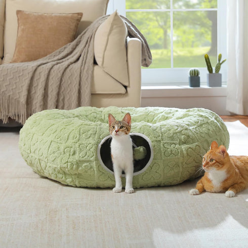 PEQULTI Cat Tunnel with Bed for Indoor Cats, Cat Play Donut Tunnel with Washable Soft Plush Mat, Round Tube Toys Cute