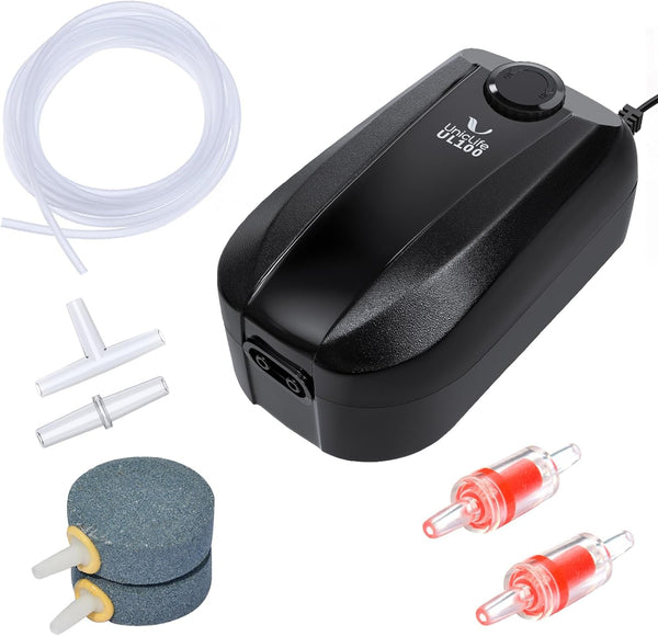 Uniclife Dual Outlet Aquarium Air Pump, Fish Tank Aerator for 5-200 Gallon Tanks with Accessories
