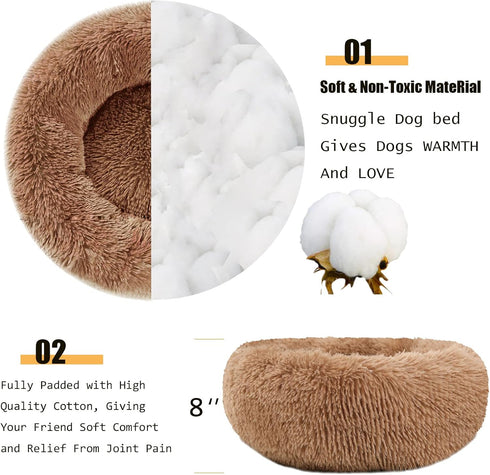 Round Donut Dog Bed for Small Medium Large Dogs, Washable Anti-Slip Faux Fur Fluffy Cuddler Cat Bed, 20"