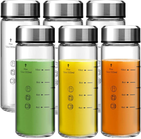 SIEROZUR Juice Bottles - 6 Pack Wide Mouth Glass Bottles with Lids for Juicing, 12oz, BPA Free