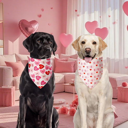 Agroon 3PCS, 6 Dog Valentines Bandana XLarge Pattern Sweetheart Scarf for Boy and Girl, Red Pink Black Triangle