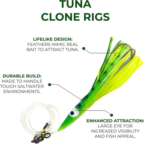 Arcadia Tackle Associated Manufacturer 4.5" 6 Tuna Clone Rigs, Pcs Yellow/Green for Offshore Trolling, Ideal for Tuna