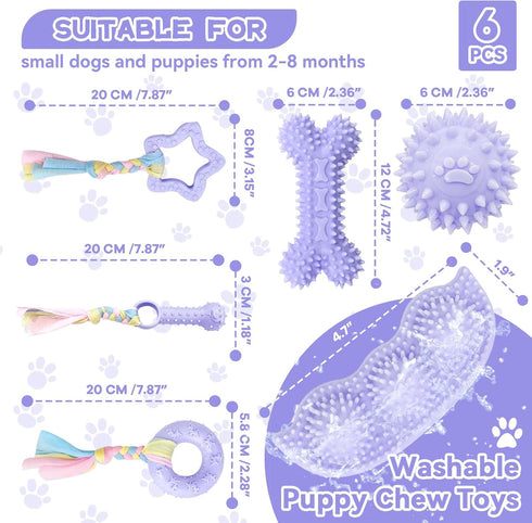 6 Pack Puppy Teething Toys, Cute Purple Chew Toys for Puppies 0-6 Months, Soft Rubber Rope