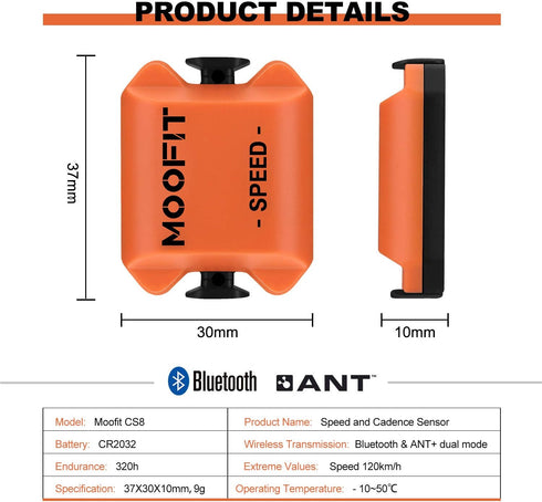 moofit Cadence Speed Sensor - Bluetooth & ANT+ Wireless RPM Cycling Spin Bike Sensor - IP67 Waterproof