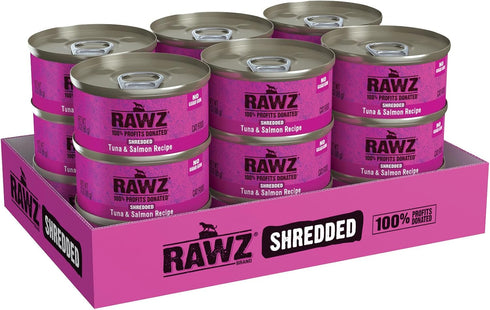 Rawz Natural Premium Shredded Canned Cat Wet Food - Grain Free, Real Meat Ingredients, No BPA or Gums - 3 oz Cans, 18