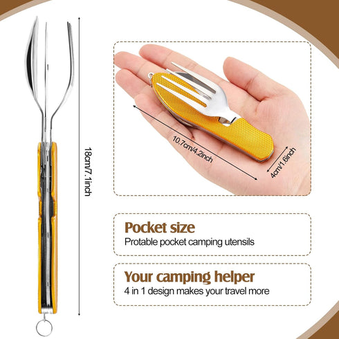 Folding Camping Utensils Cutlery Set 4-in-1 Stainless Steel Spoon Fork Knife Bottle Opener Set Detachable Tableware Pocket Kits Backpacking Cutlery Multitool, Red, Green, Black, Blue, Gold (5 Pcs) by Tessco