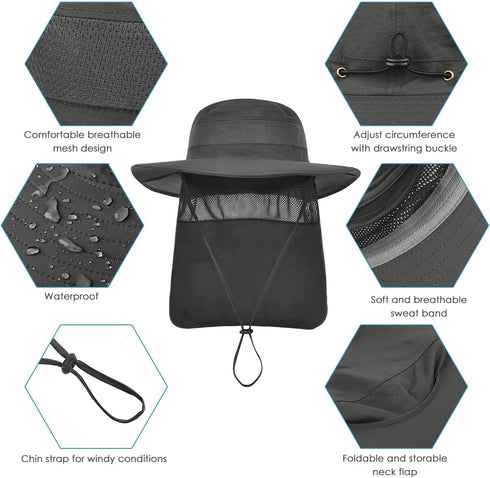 IYEBRAO 2 Pack Mens UV Protection Sun Hat with Neck Flap, Summer Foldable Mesh Boonie Cap for Fishing