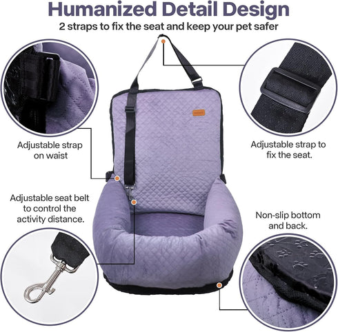 40lbs, Dog Car Seat for Small Medium Dogs Up to Detachable Washable Soft Pet Booster Travel Bed for Front & Purple Seat
