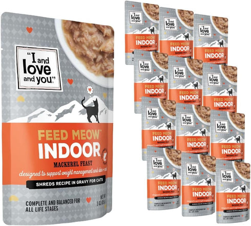 I AND LOVE AND YOU Feed Meow Indoor Wet Cat Food - Mackerel, Grain Free, Shredded, 3oz Pack of 12