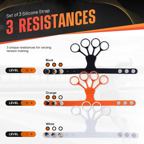 FNBX FlickGlove Basketball Shooting Aid, Training Equipment Set of 3 Silicone Strap Resistances, White, Black, Orange