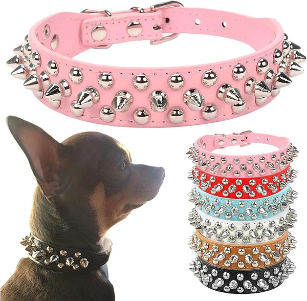 PETCARE Spiked Dog Collar, Pink Soft PU Leather with Funny Mushrooms Rivet Spike Studded Design, Adjustable for Small