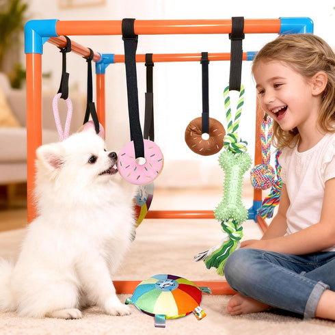 BASTIPETA 8 Puppy Play Gym with Hanging Toys Removable Dog Enrichment Playground, Indoor Jungle Gym & Activity Center