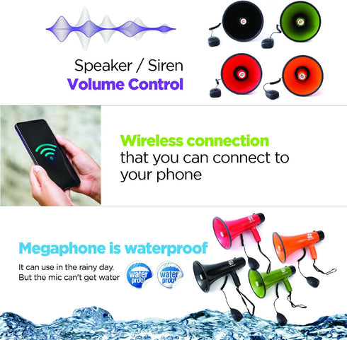 15W 200-sec 1093Yards Bullhorn Megaphone with Siren & Volume Control/Recorder - Waterproof Reliable and Consistent