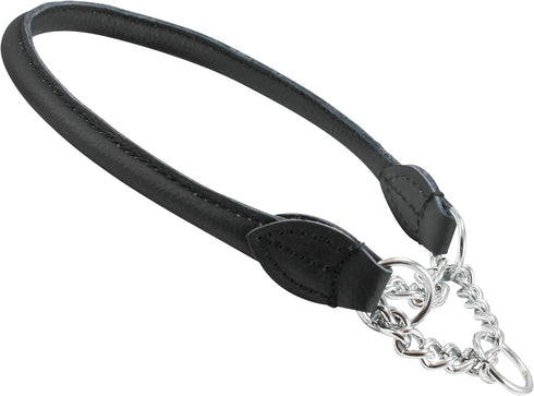 Rolled Genuine Leather Martingale Dog Collar Choker Black, 7 Sizes (#7 - Neck Circumf. 17.5"-19.5")