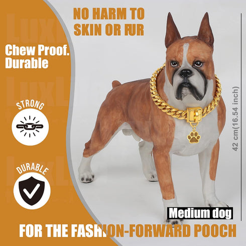 Dog Chain Collars - Gold Chain Dog Collar 14mm Cuban Link with Secure Snap Buckle, 18K Stainless Steel, Includes Dog