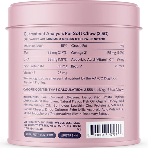Finn Skin & Coat Salmon Oil Supplement for Dogs, 90 Soft Chews with Omega-3s, EPA & DHA, Biotin & Zinc
